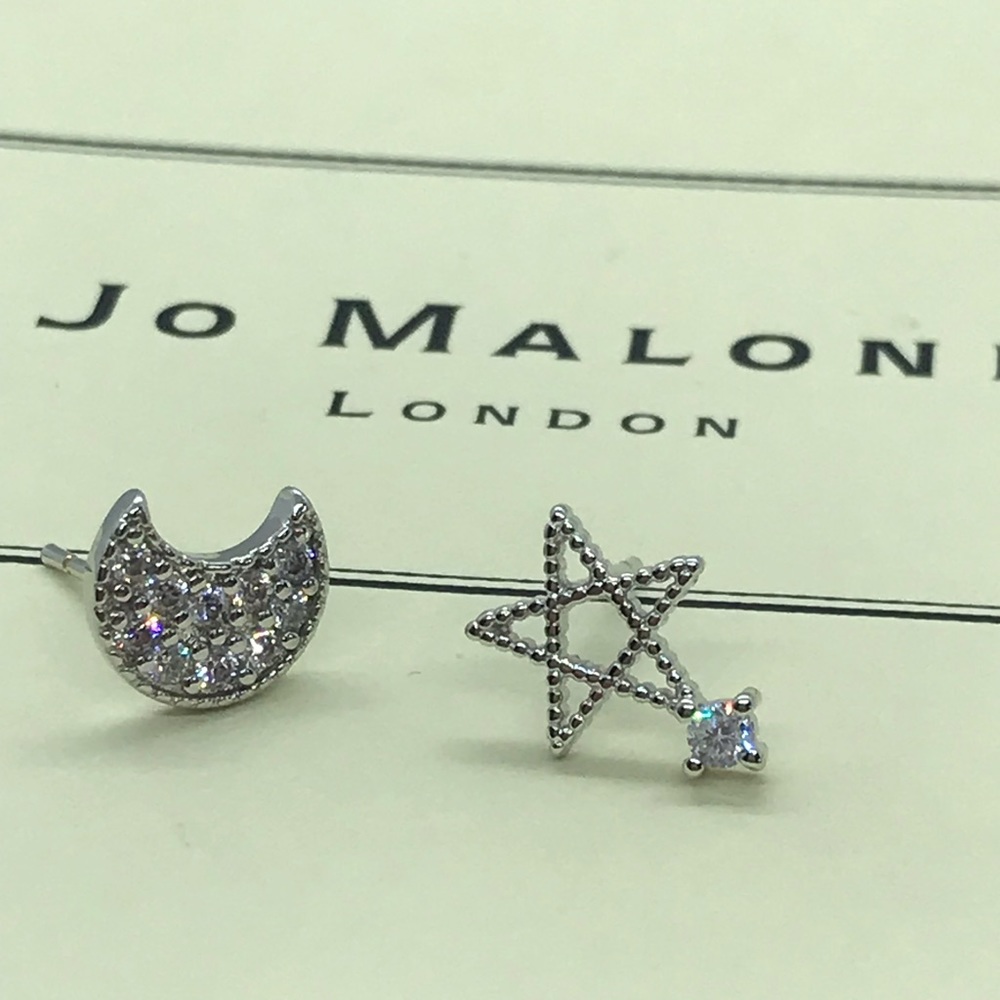 Sterling Silver 925 CZ Stud Moon Star Earrings - Picture 4 of 5